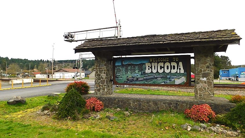 Welcome to Bucoda sign at the entrance to Bucoda, Washington