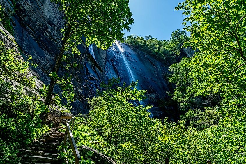 The 404 foot Hickory Nut Falls in Chimney Rock State Park in North Carolina.