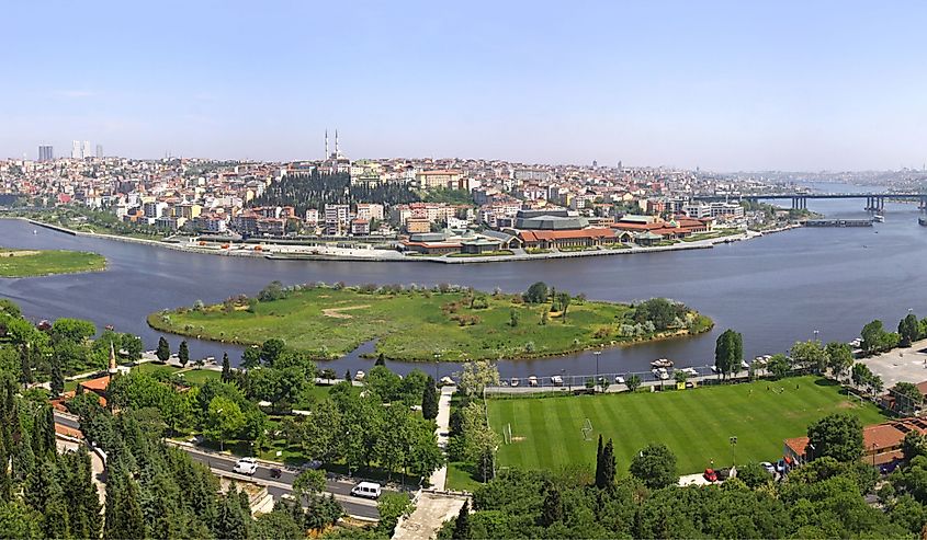 Panoramic view of Golden Horn from Eyup-Pierre Loti Point in Istanbul city, Turkey
