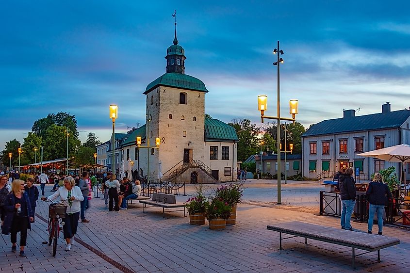 Sunset view of town hall in Swedish town Vadstena.