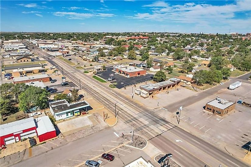 Aerial view of main street Weatherford, Oklahoma, via 