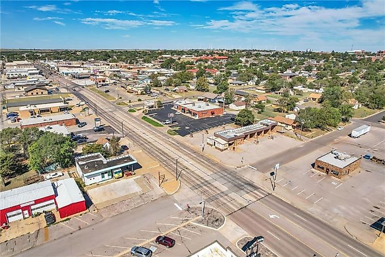 Aerial view of main street Weatherford, Oklahoma, via