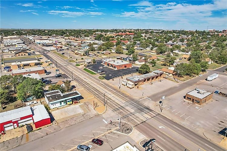 Aerial view of main street Weatherford, Oklahoma, via 