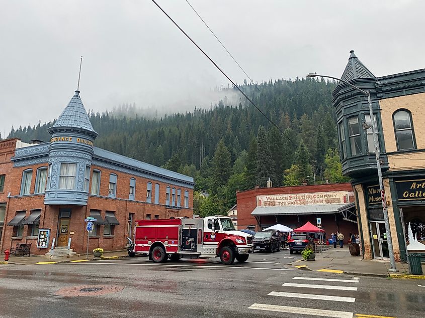 A firetruck blocks off the street for a community event on a rainy day in historic Wallace, Idaho.