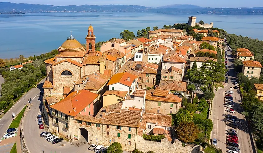 Aerial view on historical center of Castiglione del Lago, in Umbria, Italy.