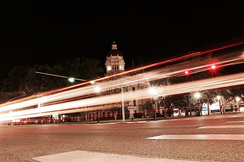 Courthouse in Seward, Nebraska on a summer night with light trails.