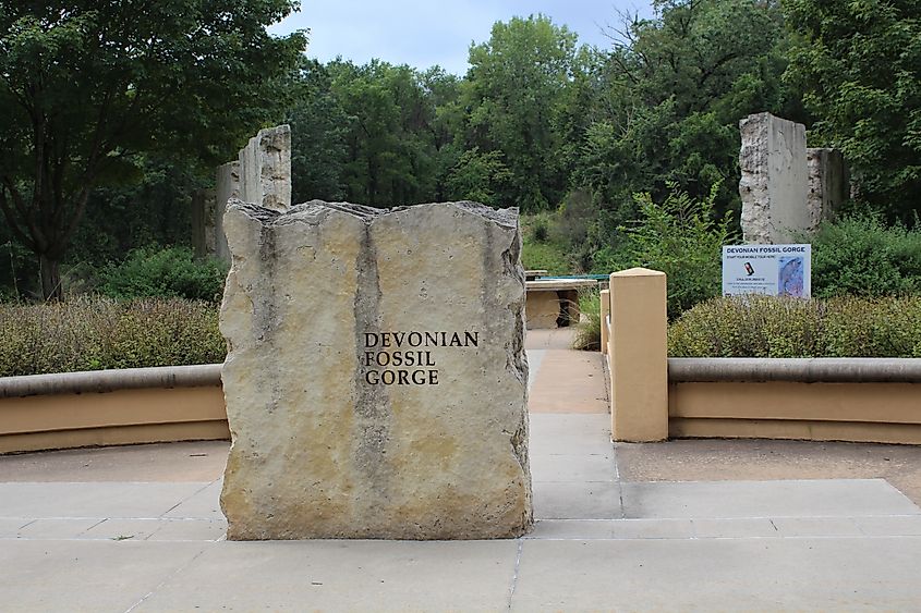 Devonian Fossil Gorge Sign in Iowa City, Iowa
