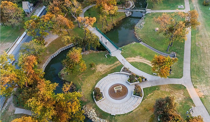 Drone view of Granbury in autumn with trees and park