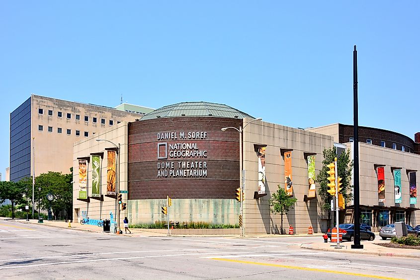 The Daniel M. Soref National Geographic Dome Theater and Planetarium on West Wells Street and North James Lovell Street connected to Milwaukee Public Museum.