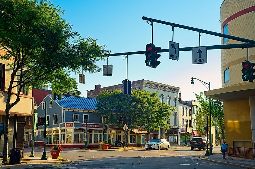 Shops and dining spots at the intersection of Main Street and Division Street in Peekskill, New York