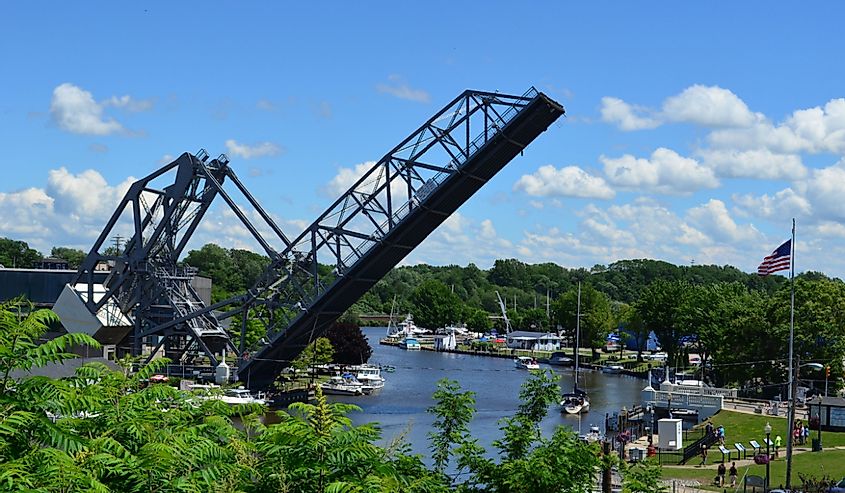 Historic Ashtabula Harbor lift bridge raised on a sunny summer Day
