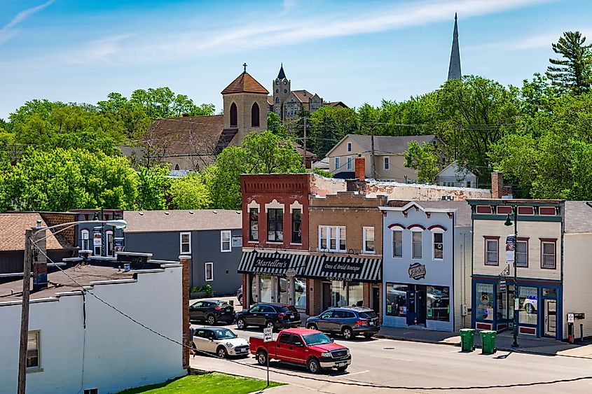 Lemont, Illinois: Old Small Town Downtown Street with Church Steeples in the distance