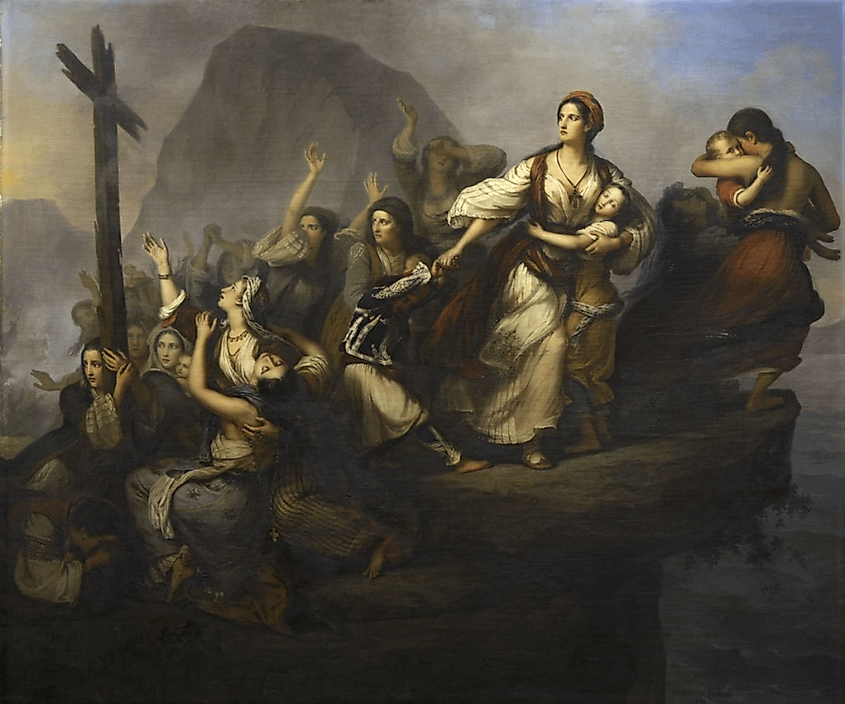 Greek Women of Souli Running to Their Death, depicting the Dance of Zalongo of 1803, in which Greek women were said to have committed mass suicide to escape being taken as slaves by the Ottomans.