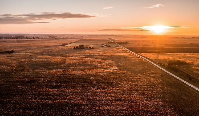 Aerial drone photo - Sunrise over a rural Sycamore Illinois cornfield.