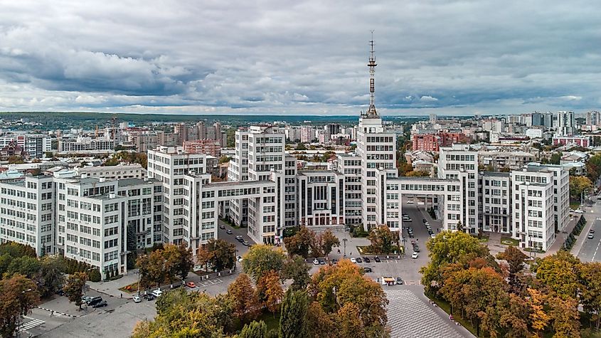 Panoramic view of the historic Derzhprom constructivist architecture building in Freedom Square, Kharkiv, Ukraine