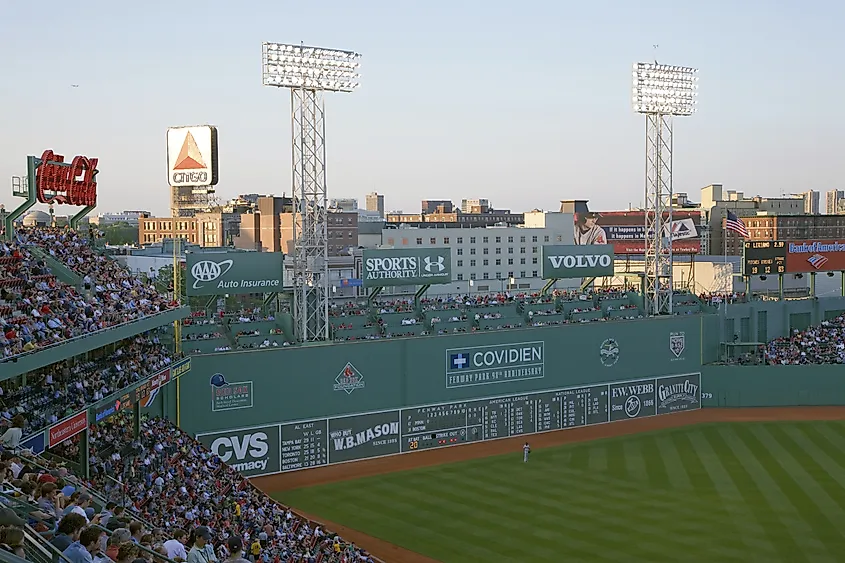 Green Monster leftfield wall at Historic Fenway Park.