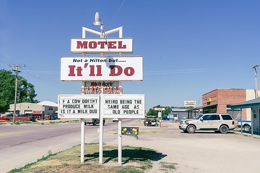 Atwood, Kansas - July 28, 2021: Sign for the It'll Do Motel - it's not a Hilton in the rural town.