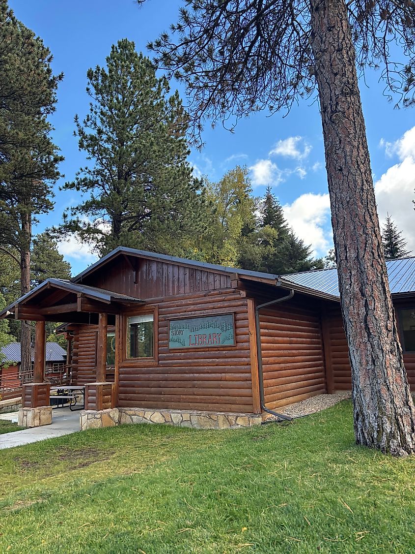 Story, Wyoming Library in a cabin.