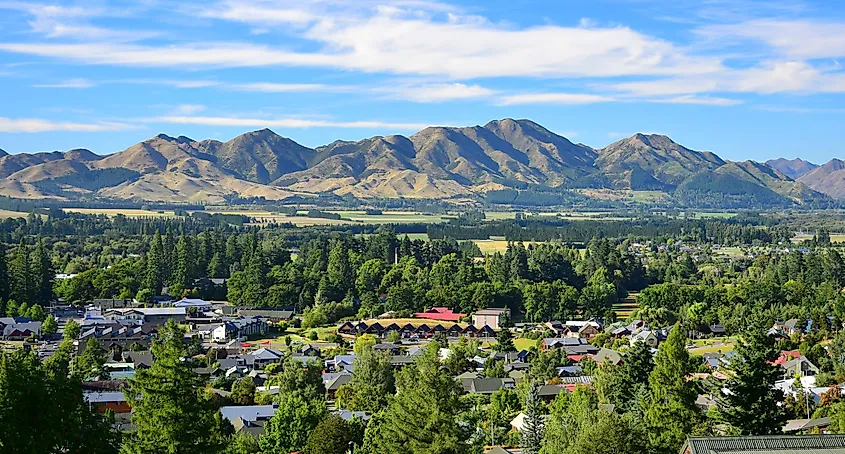 The small town Hanmer Springs with mountains in the background in New Zealand, South Island, Canterbury.