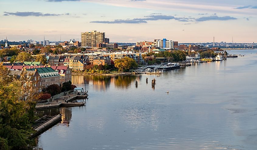 Wide view of the historic city of Alexandria and the waterfront property along the Potomac River in northern Virginia