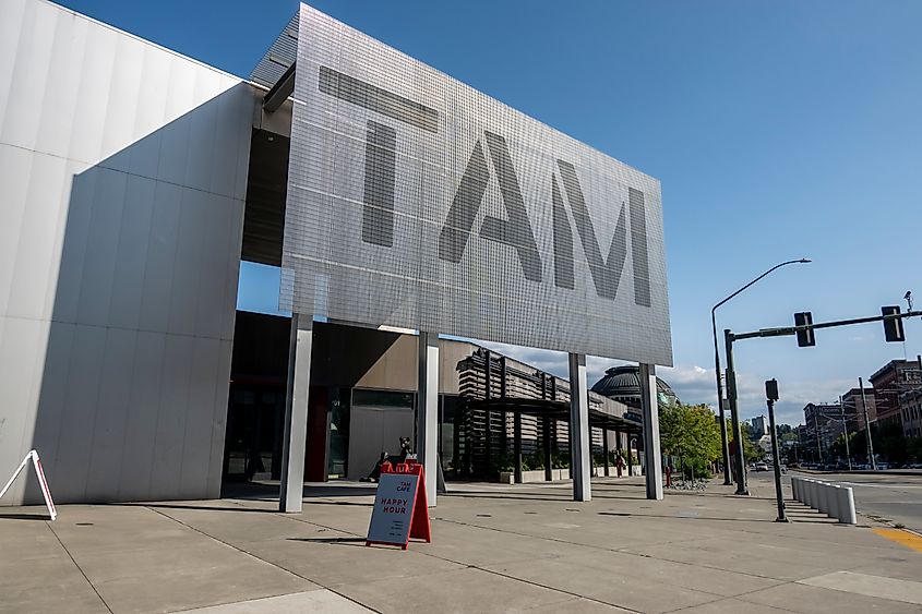 Street view of the Tacoma Art Museum on a sunny, cloudless day.