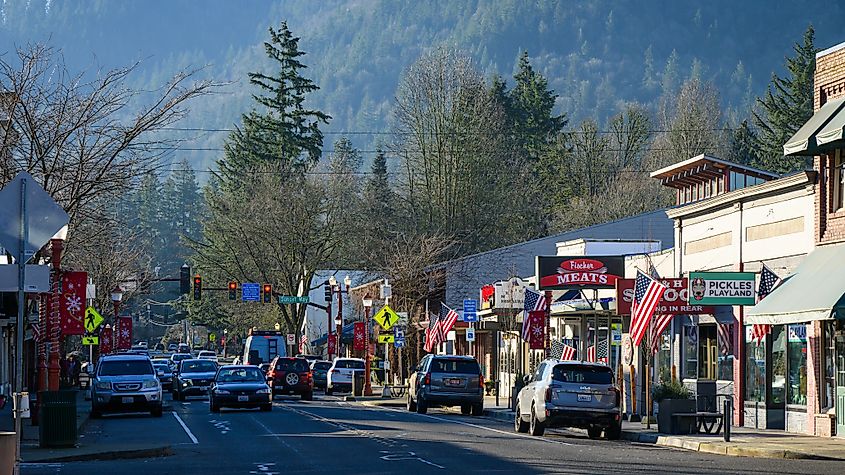 Downtown Issaquah Front Street in East King County Washington.