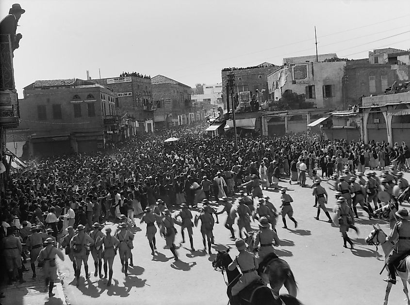British troops clashing with Arab protesters in Jaffa, Palestine, in 1933.