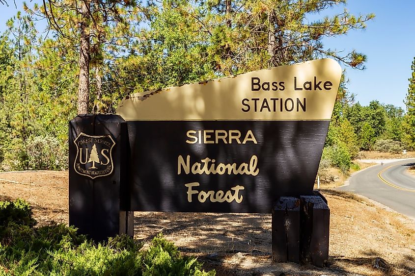 This wooden sign sits at one of the entrances to the Bass Lake area of the Sierra National Forest in California. Sierra National Forest lies just outside Yosemite National Park.