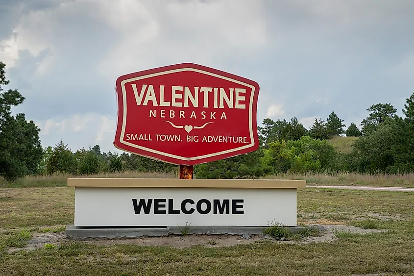 Welcome sign for visitors to Valentine, Nebraska