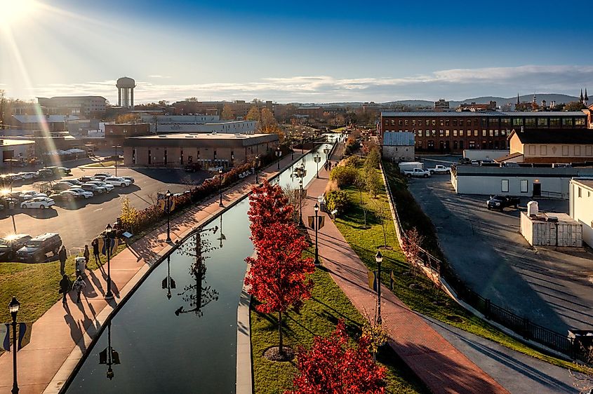 Drone shot of Carroll Creek Linear Park in Frederick, Maryland.