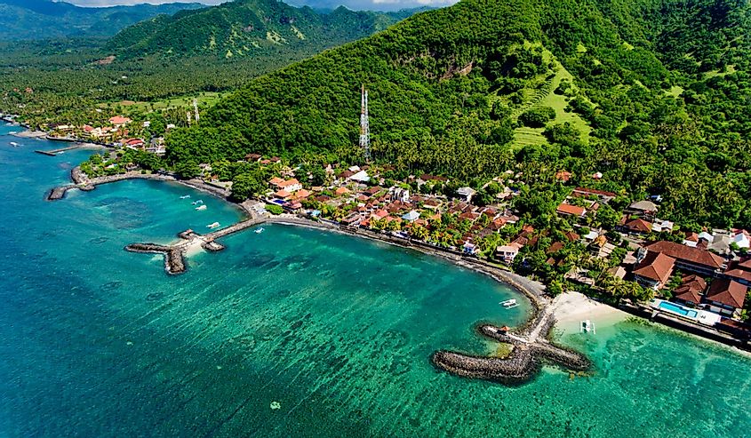 Aerial view of the beautiful bay in Candidasa Beach, Bali, Indonesia.