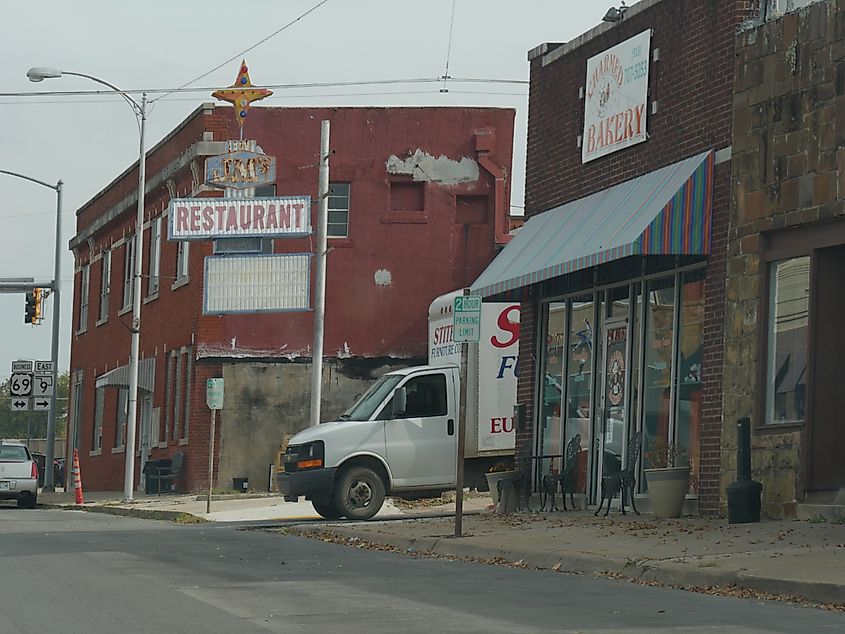 EUFALA, OKLAHOMA: Side view of the main street of Eufala, a city in the McIntosh County,  eastern Oklahoma. Photo taken in September 2017. Via Shutterstock / GemStocksy