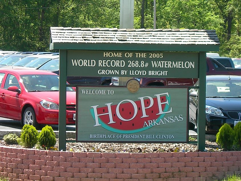 The Welcome to Hope signboard in Hope, Arkansas.