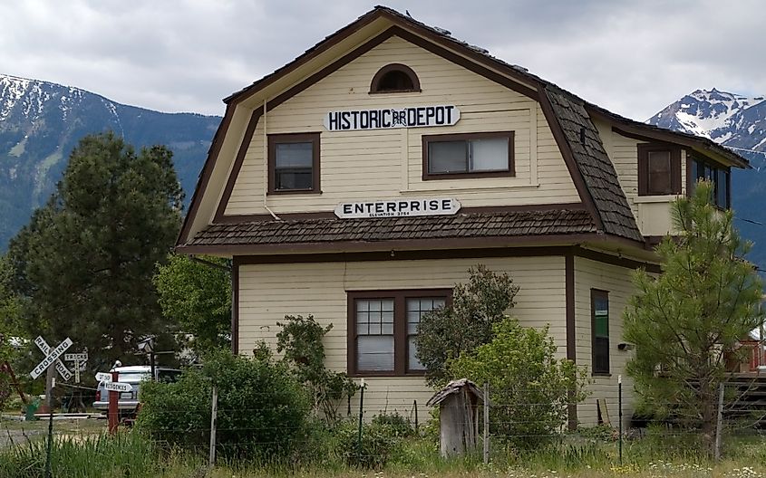 Historic railroad depot in Enterprise, Oregon.