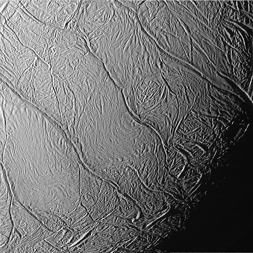 This close-up view of Saturn's moon Enceladus shows surface features known as "tiger stripes."