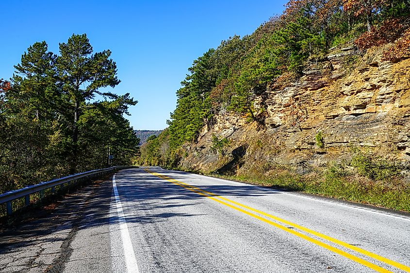 View of the road along scenic byway 7 in Arkansas.