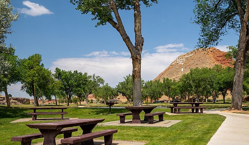 Picnic spot area inside of Hot Springs State Park in Thermopolis, Wyoming