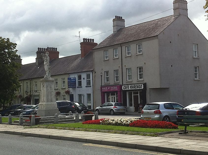 The Square in Moy, Northern Ireland, featuring old shops.