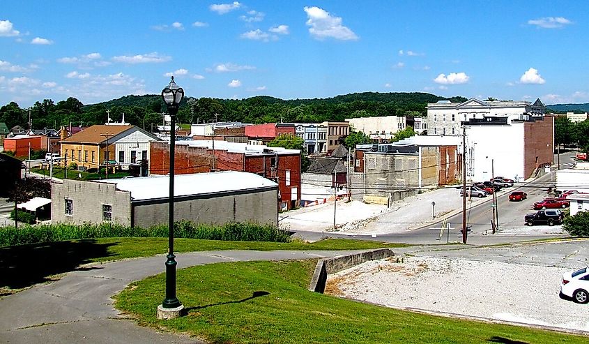 The business district of Sparta, Tennessee, United States, viewed from the Sparta Cemetery.