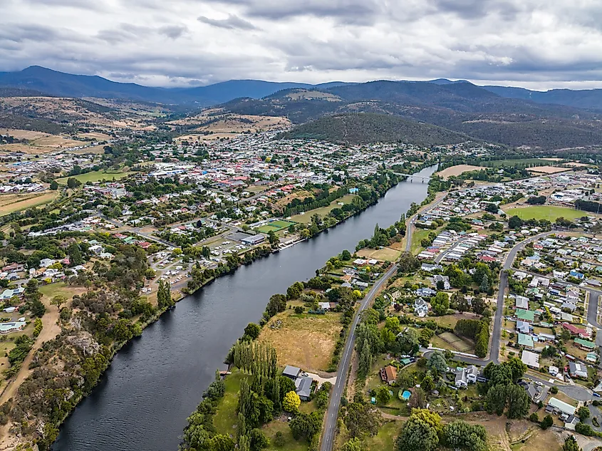 River Derwent flowing through New Norfolk, Tasmania.