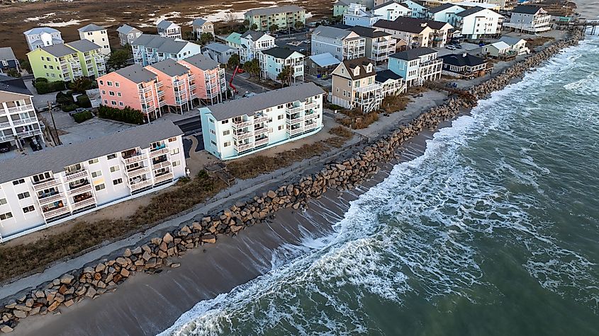 Coastal homes along the Atlantic shoreline in Carolina Beach, North Carolina