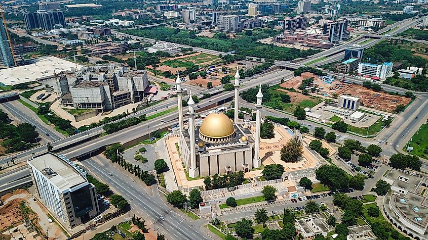 Aerial landscape of The National Mosque Abuja City Nigeria.