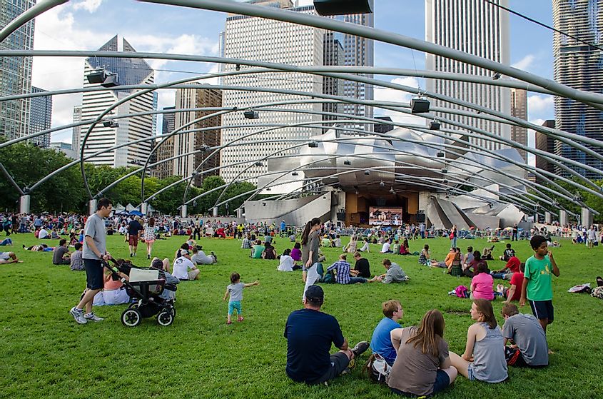 People enjoying live concert at city park in Chicago