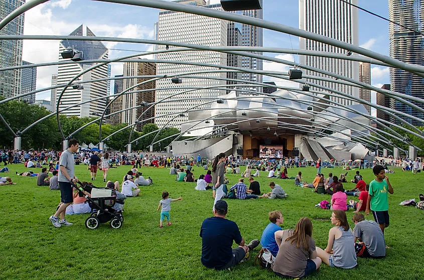 People enjoying live concert at city park in Chicago