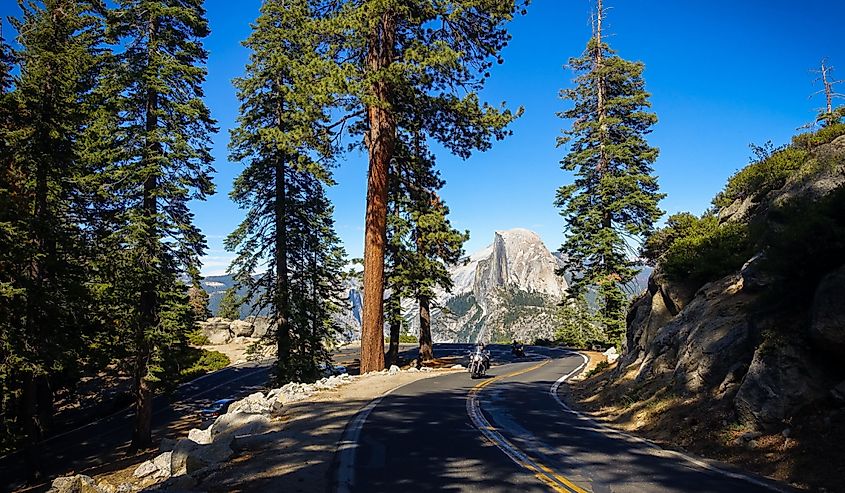 Road to Yosemite Valley in Groveland, California with Half Dome in the background