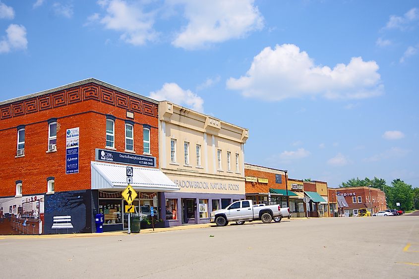 Storefronts along 2nd Street in downtown Mountain Grove, Missouri