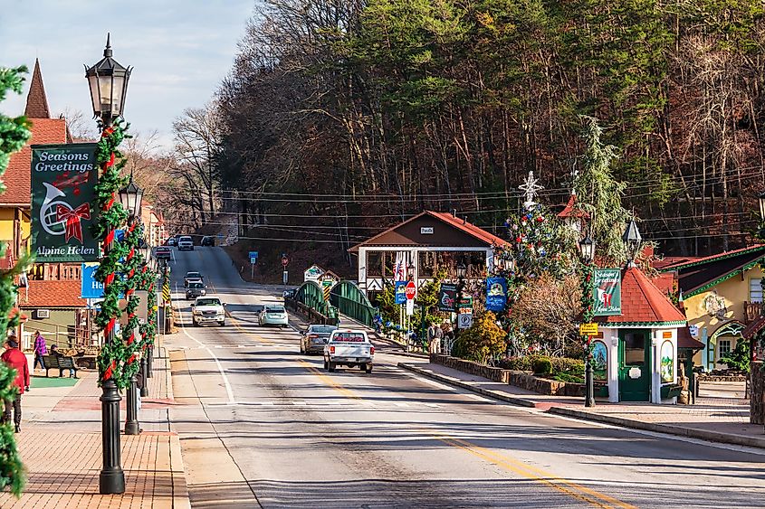 View of the Main street with Christmas decorations in bright sunny day in Helen, Georgia, via Vadim Fedotov / Shutterstock.com
