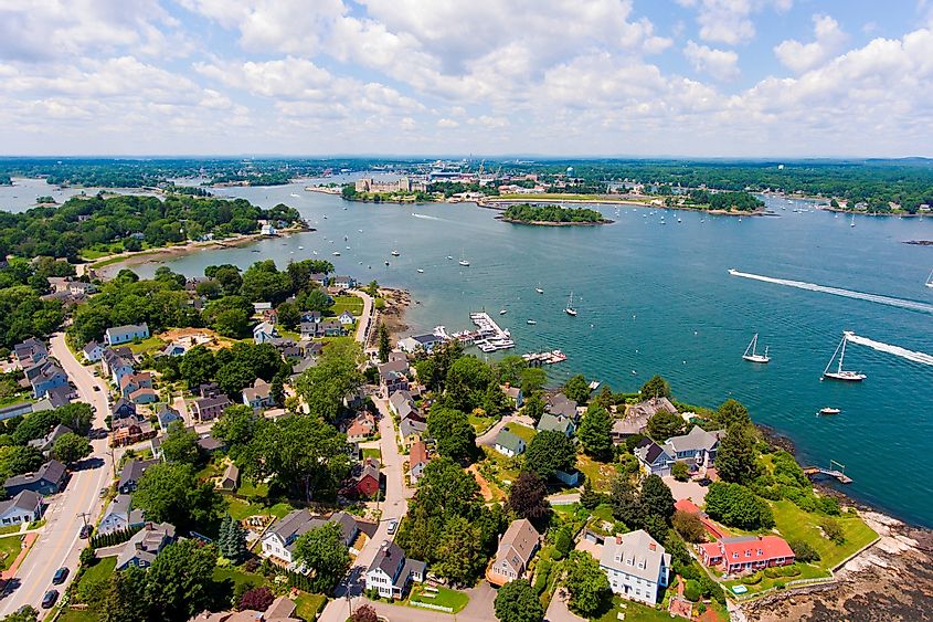 Aerial view of Portsmouth harbor in summer.