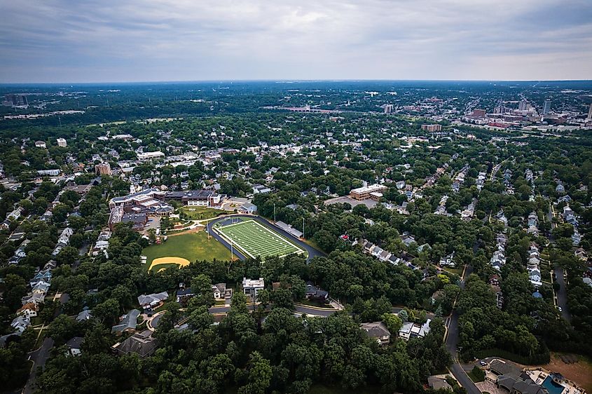 Aerial drone view of homes in Edison, New Jersey.