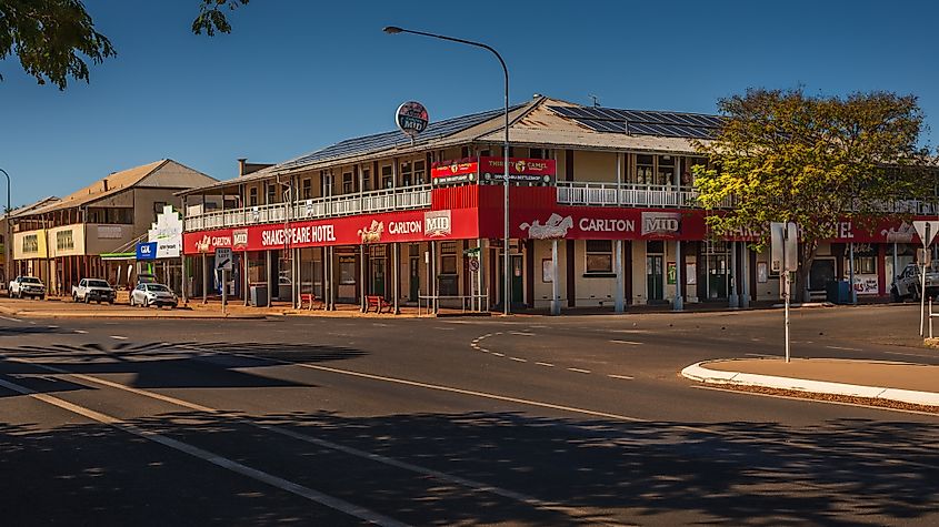 The Shakespeare Hotel, one of several outback Aussie pubs lining Oak St in the historic outback Queensland town of Barcaldine.